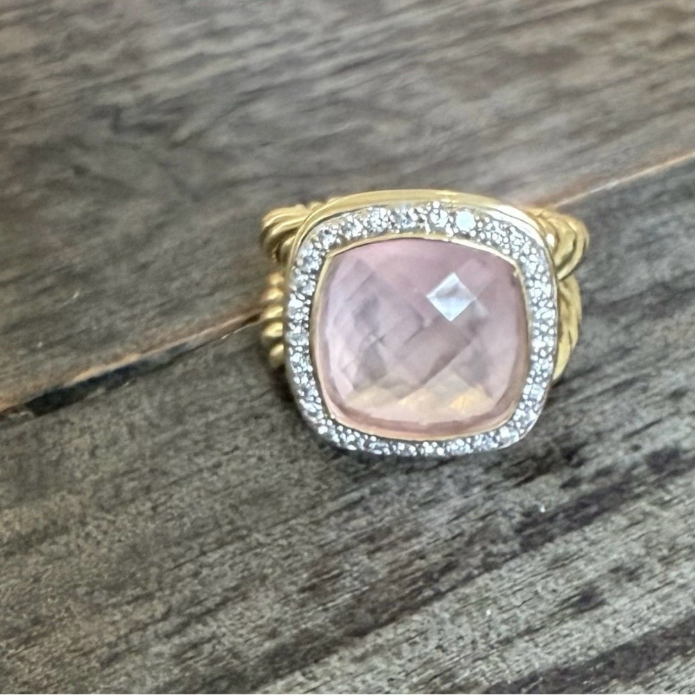 David Yurman Albion  18k Gold Ring Rose Quartz Center Diamond Halo - Size 8.25 - Picture 2 of 7